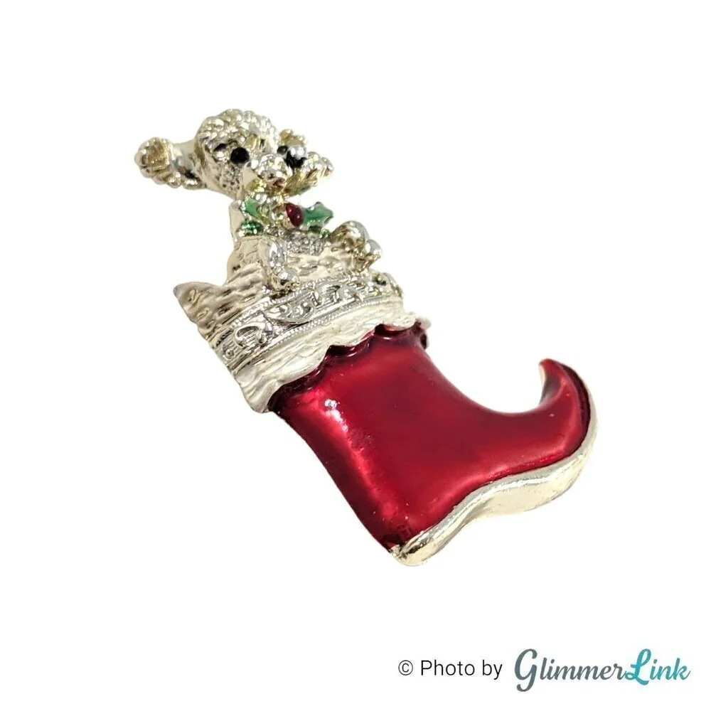 Vintage Gerry's Puppy Dog Christmas Stocking Light Gold Tone Brooch Pin